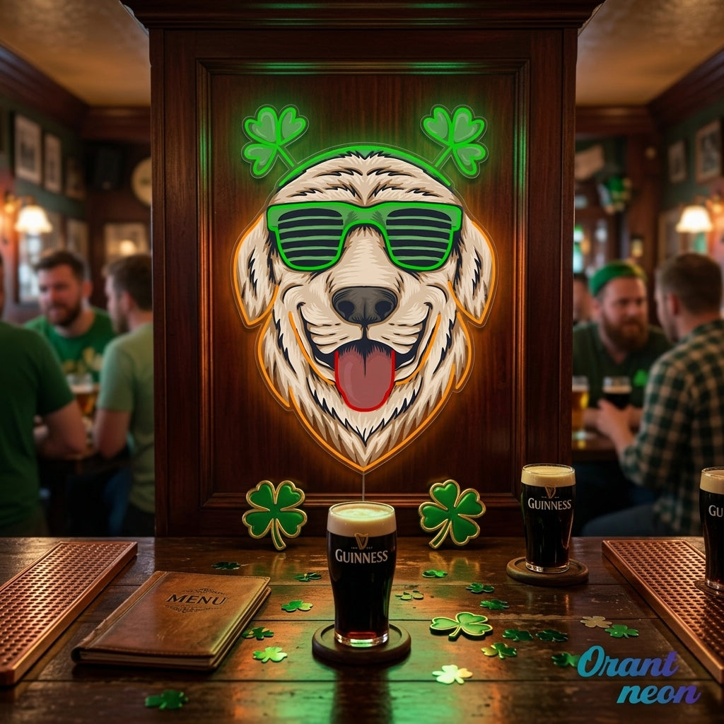 Patrick's Day Cool Dog Wearing Glasses and Smile Led Neon Acrylic Artwork