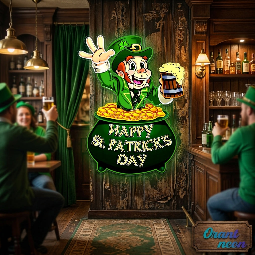 Patrick's Day Goblin Holding Beer In Money Valley Led Neon Acrylic Artwork