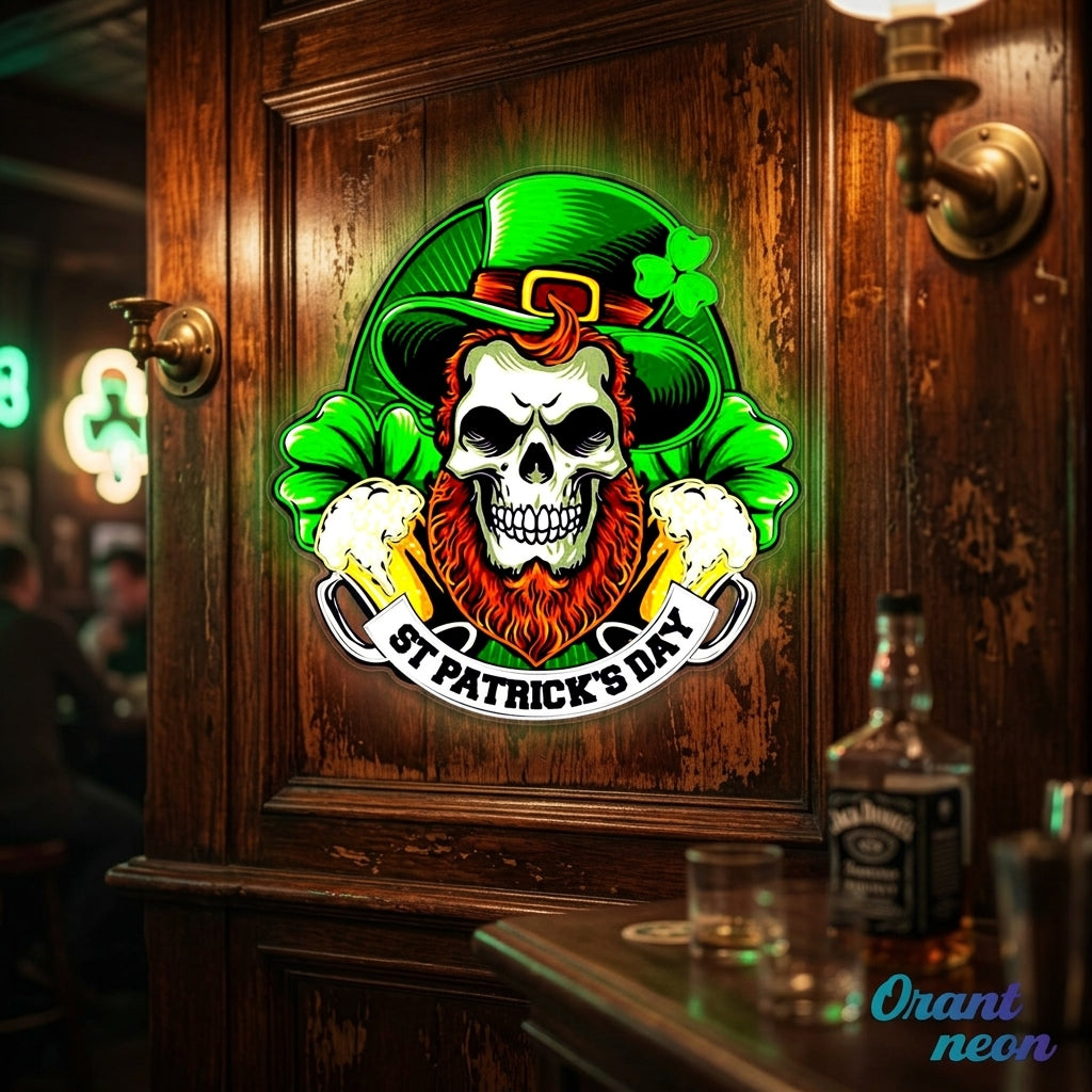 Patrick's Day Skull Wearing Hat And Beer Led Neon Acrylic Artwork