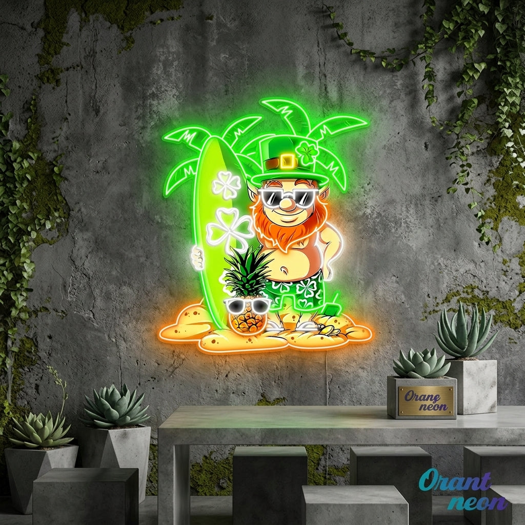 Patrick's Day Goblin With Surfboard And Pineapple Led Neon Acrylic Artwork