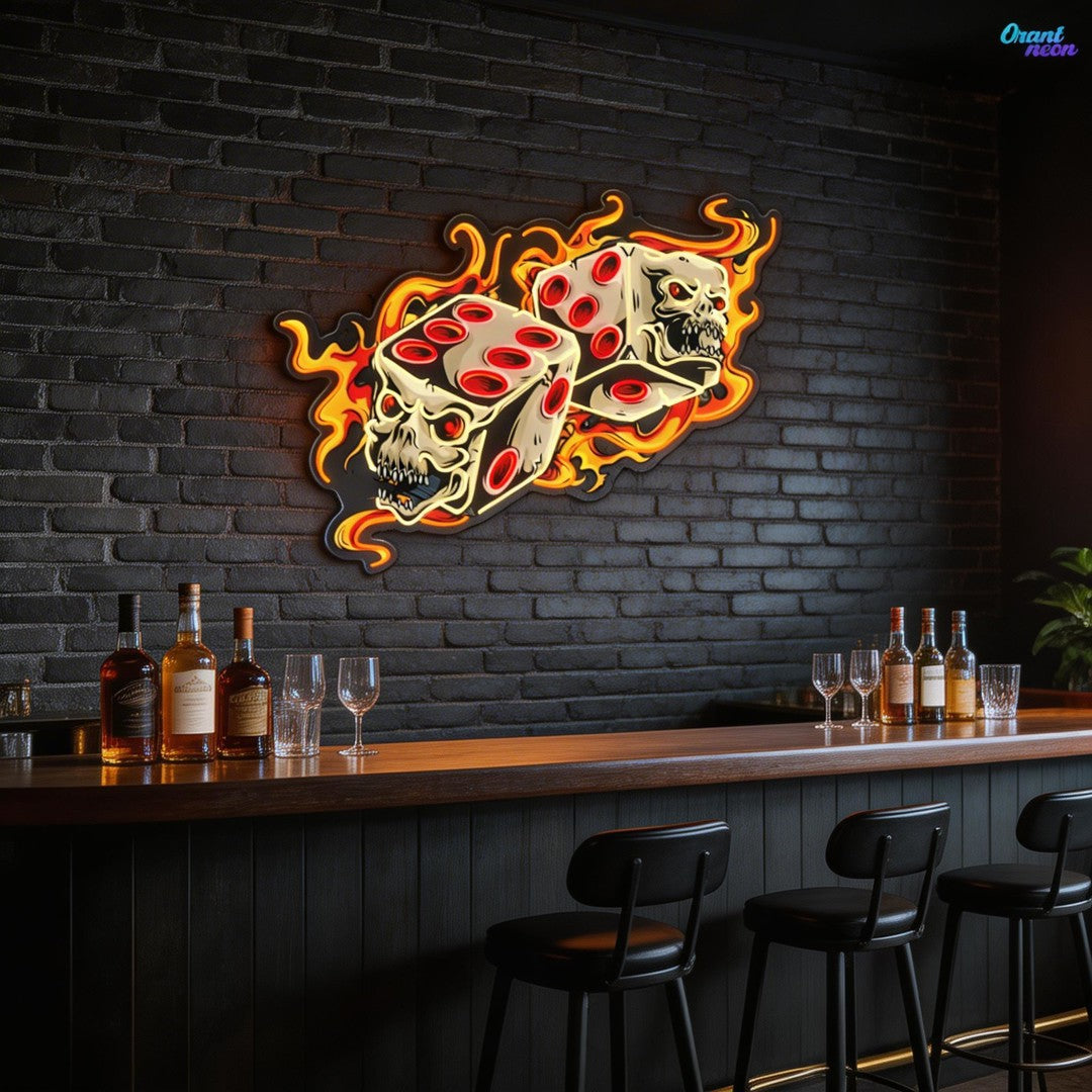 Deadly Dices: Skull On Fire Neon Sign Light Artwork