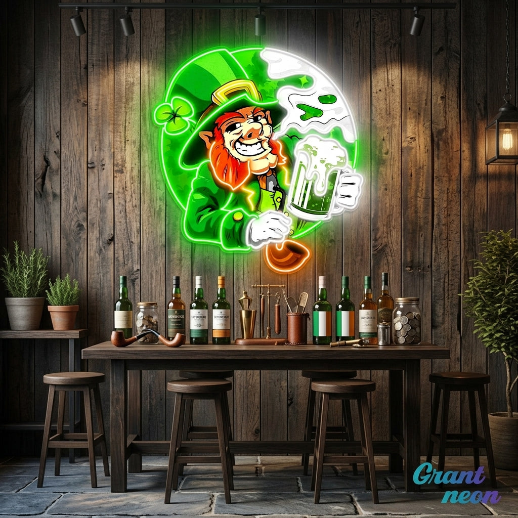 Patrick's Day Goblin Drinking Beer And Smoking Led Neon Acrylic Artwork
