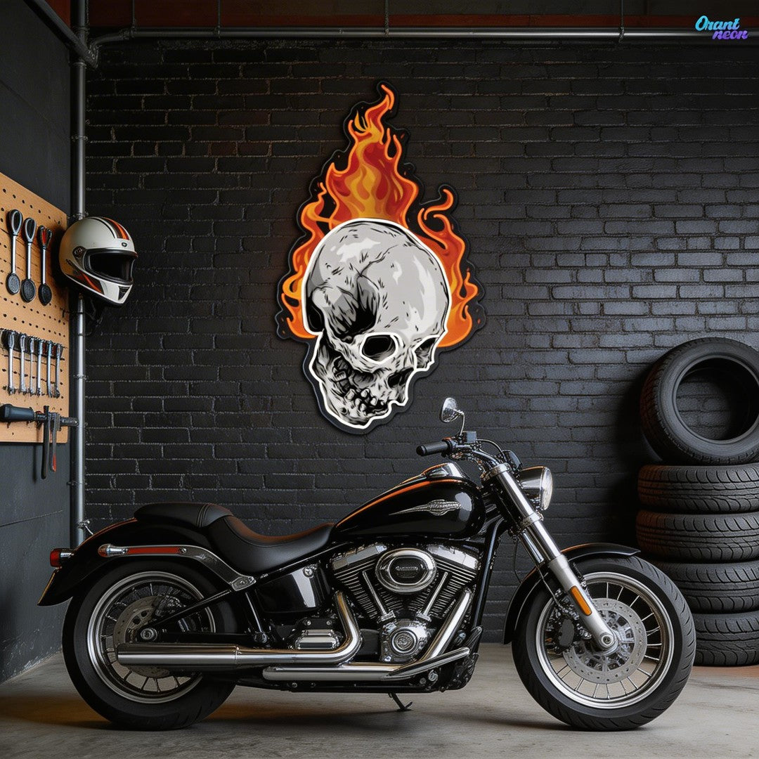 Infernal Glow: Skull & Fire Neon Sign Light Artwork