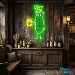 Patrick's Day Cucumber Wearing Hat and Drinking Beer Led Neon Acrylic Artwork