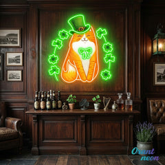 Patrick's Day Cute Cat with Lucky Four Leaf Clover Led Neon Acrylic Artwork