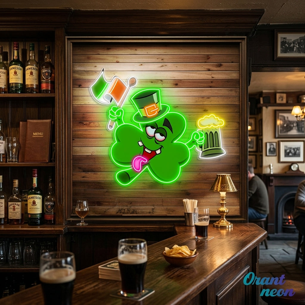 Patrick's Day Drunken Clover with Flag and Beer Led Neon Acrylic Artwork