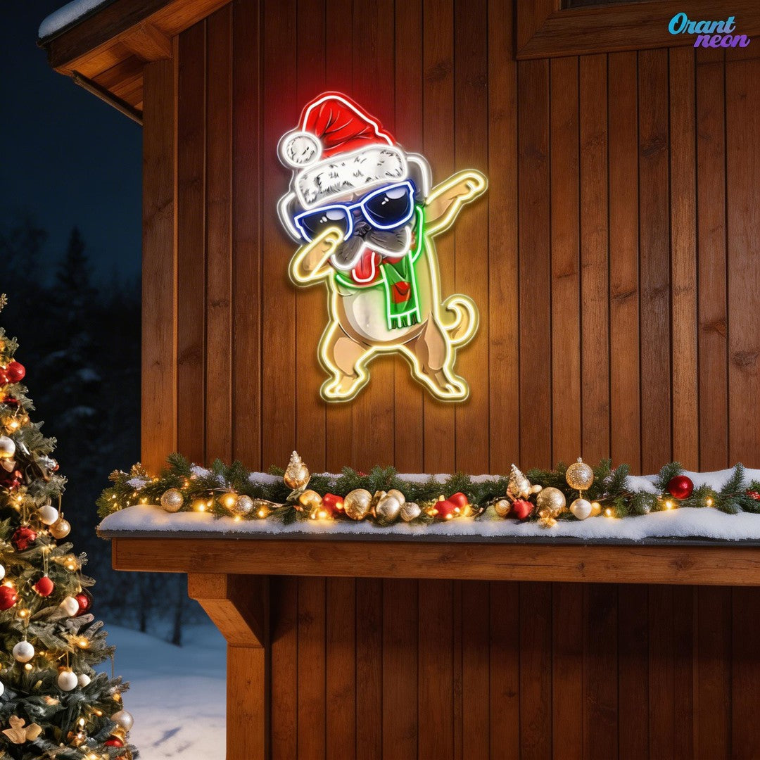 Christmas Pug in Neon Light: A Dapt Delight Neon Sign Light Artwork