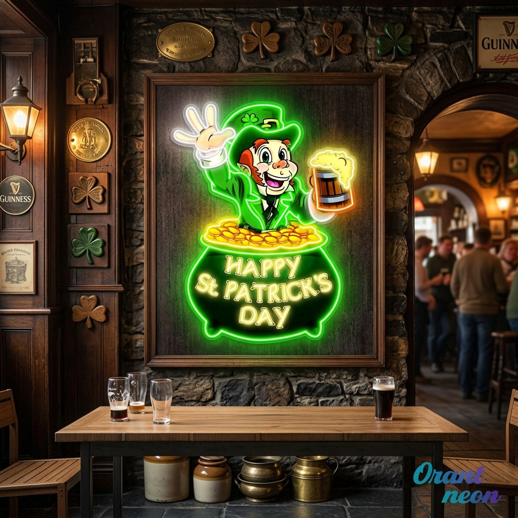 Patrick's Day Goblin Holding Beer In Money Valley Led Neon Acrylic Artwork