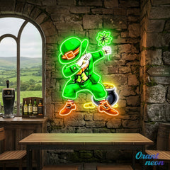 Patrick's Day Goblin Do A Dab and Hold A Four Leaf Clover Led Neon Acrylic Artwork