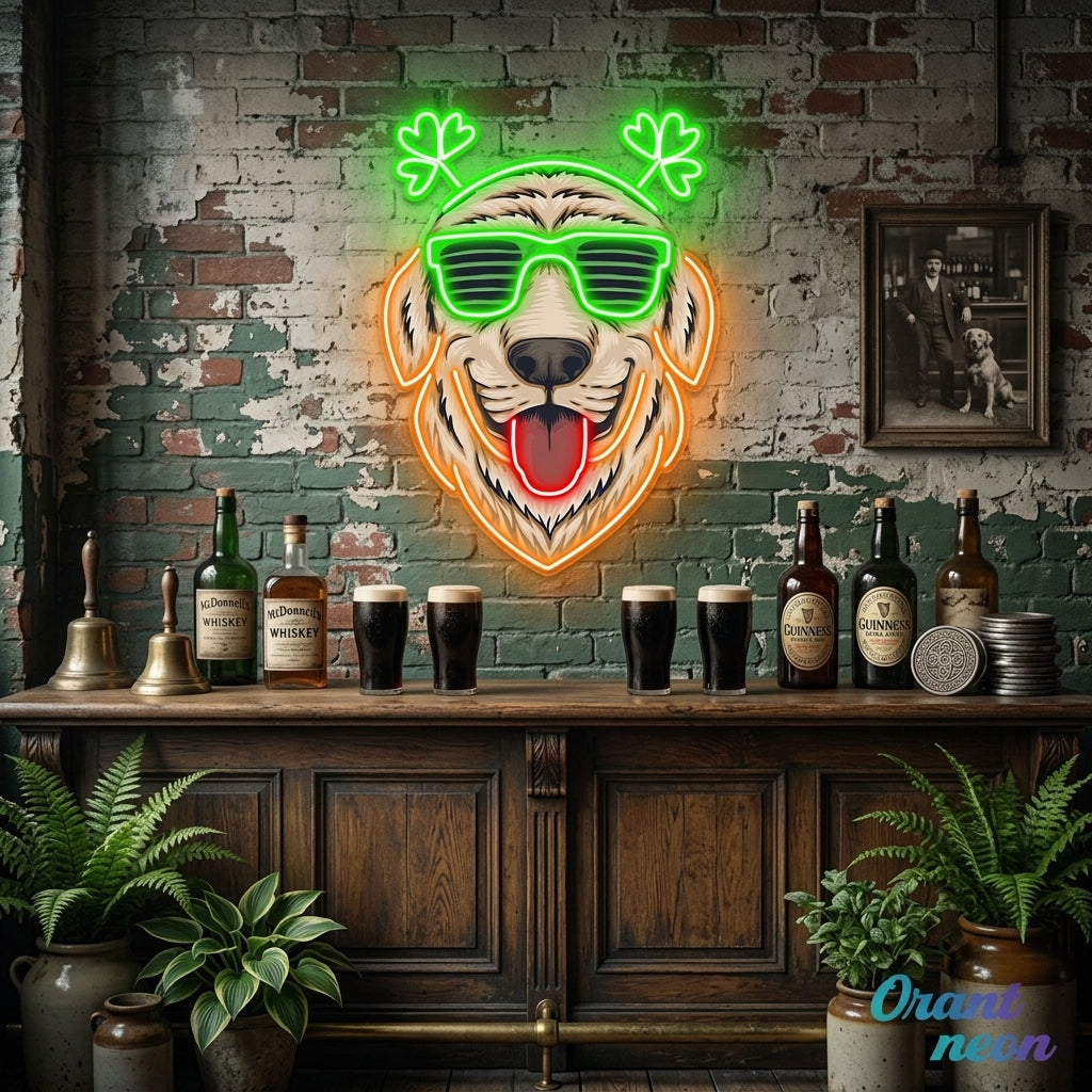 Patrick's Day Cool Dog Wearing Glasses and Smile Led Neon Acrylic Artwork