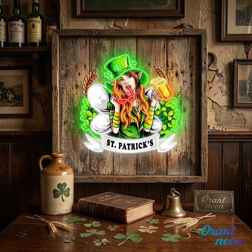 Patrick's Day Hot Woman Wearing Glass And Drinking Beer Led Neon Acrylic Artwork