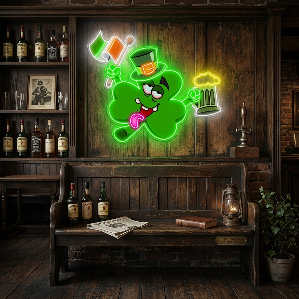 Patrick's Day Drunken Clover with Flag and Beer Led Neon Acrylic Artwork