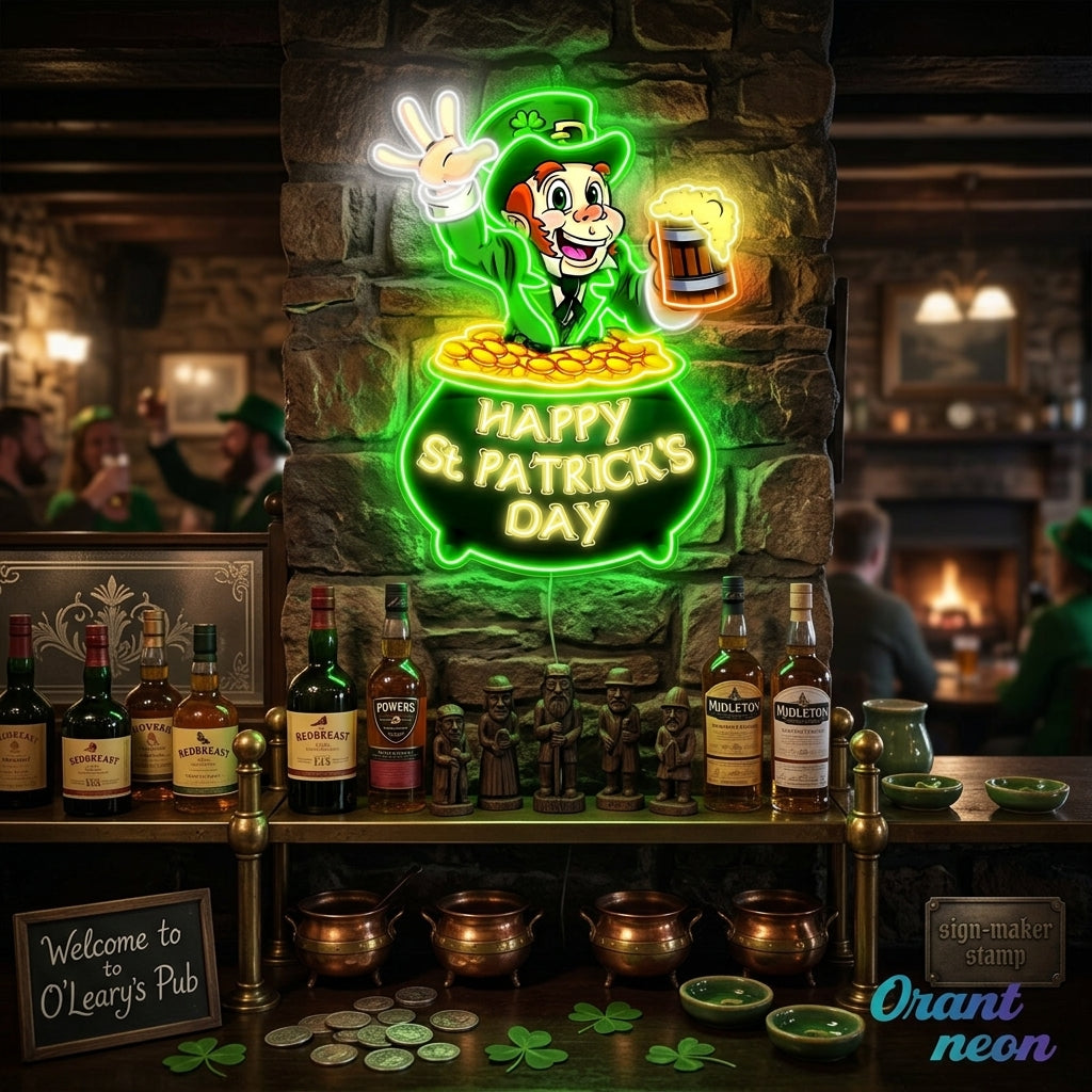 Patrick's Day Goblin Holding Beer In Money Valley Led Neon Acrylic Artwork