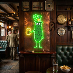 Patrick's Day Cucumber Wearing Hat and Drinking Beer Led Neon Acrylic Artwork