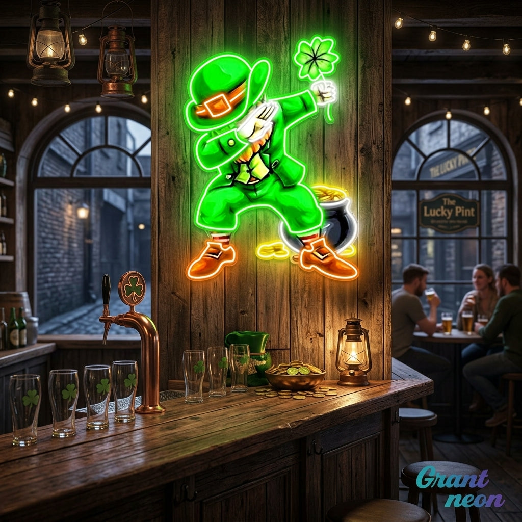 Patrick's Day Goblin Do A Dab and Hold A Four Leaf Clover Led Neon Acrylic Artwork