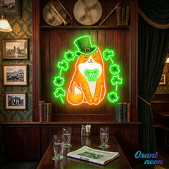 Patrick's Day Cute Cat with Lucky Four Leaf Clover Led Neon Acrylic Artwork