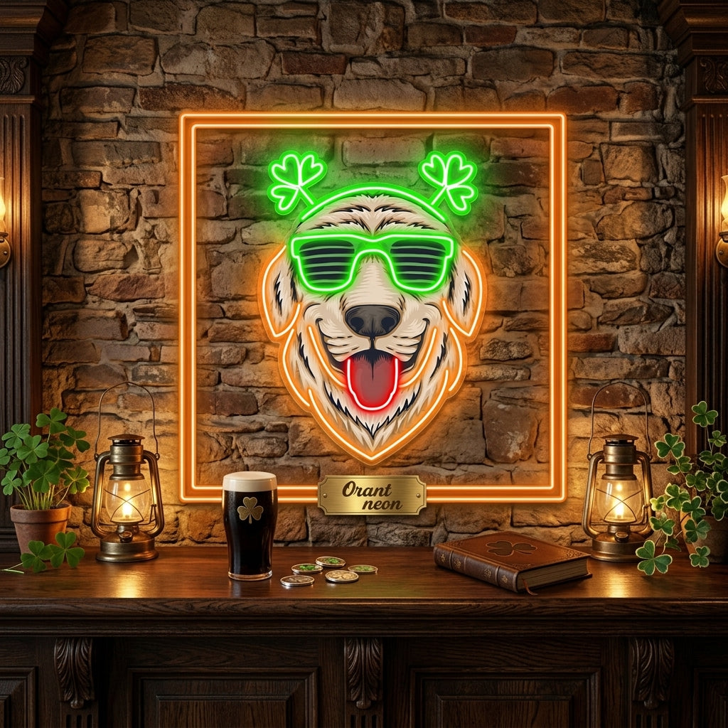 Patrick's Day Cool Dog Wearing Glasses and Smile Led Neon Acrylic Artwork