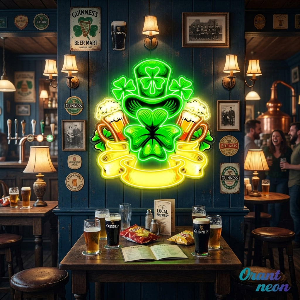 Patrick's Day Hat, Beer And Lucky Leaf Clover Led Neon Acrylic Artwork