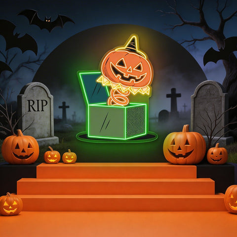 Jack in the Box Pumpkin Halloween Neon Sign – Fun & Spooky Green LED Wall Decor