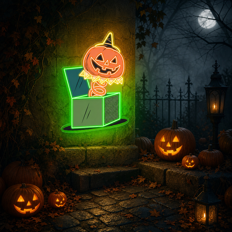 Jack in the Box Pumpkin Halloween Neon Sign – Fun & Spooky Green LED Wall Decor