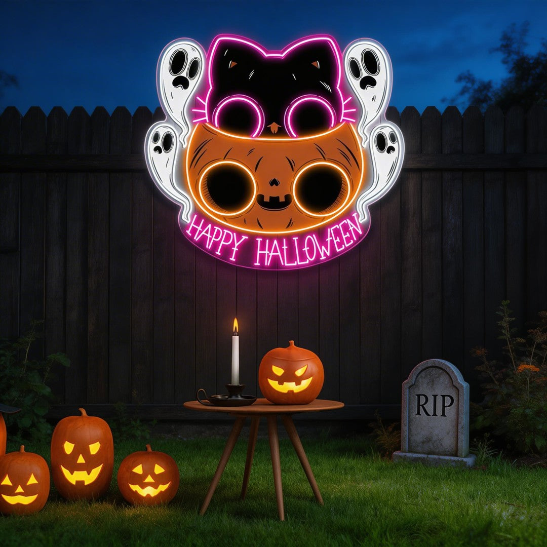 🐾 Cute Halloween Cat & Ghosts LED Neon Sign – Happy Halloween Light