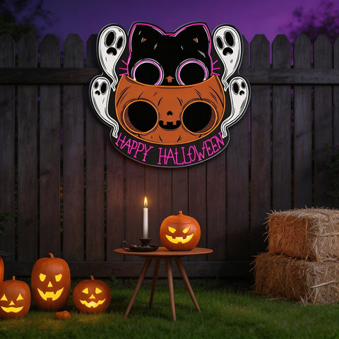 🐾 Cute Halloween Cat & Ghosts LED Neon Sign – Happy Halloween Light