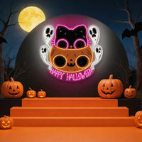 🐾 Cute Halloween Cat & Ghosts LED Neon Sign – Happy Halloween Light