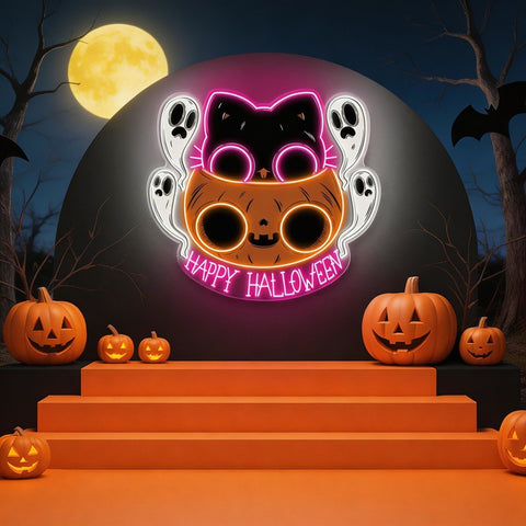 🐾 Cute Halloween Cat & Ghosts LED Neon Sign – Happy Halloween Light