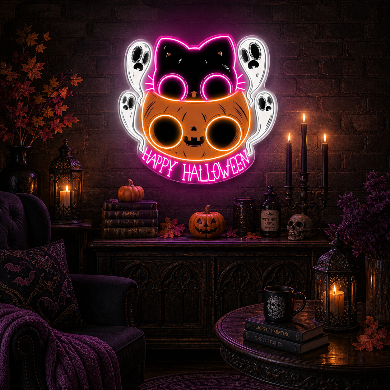 🐾 Cute Halloween Cat & Ghosts LED Neon Sign – Happy Halloween Light