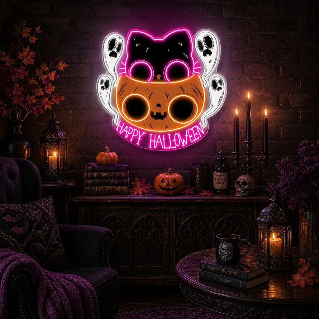 🐾 Cute Halloween Cat & Ghosts LED Neon Sign – Happy Halloween Light