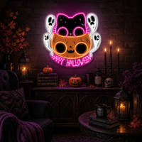 🐾 Cute Halloween Cat & Ghosts LED Neon Sign – Happy Halloween Light
