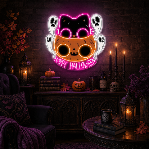 🐾 Cute Halloween Cat & Ghosts LED Neon Sign – Happy Halloween Light