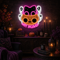 🐾 Cute Halloween Cat & Ghosts LED Neon Sign – Happy Halloween Light