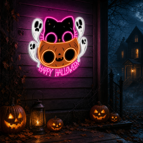 🐾 Cute Halloween Cat & Ghosts LED Neon Sign – Happy Halloween Light