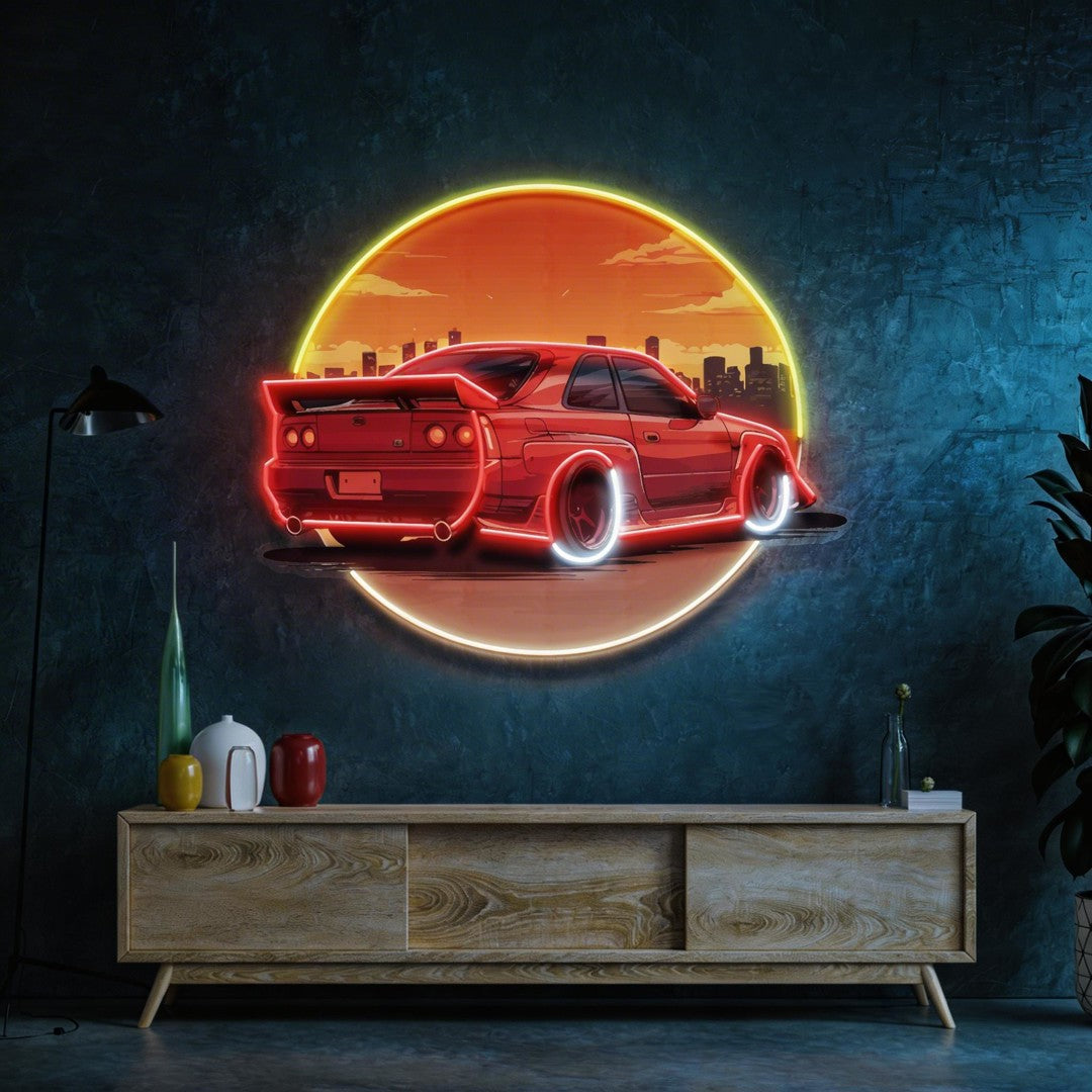Car With Sunset LED Neon Sign Light Pop Art