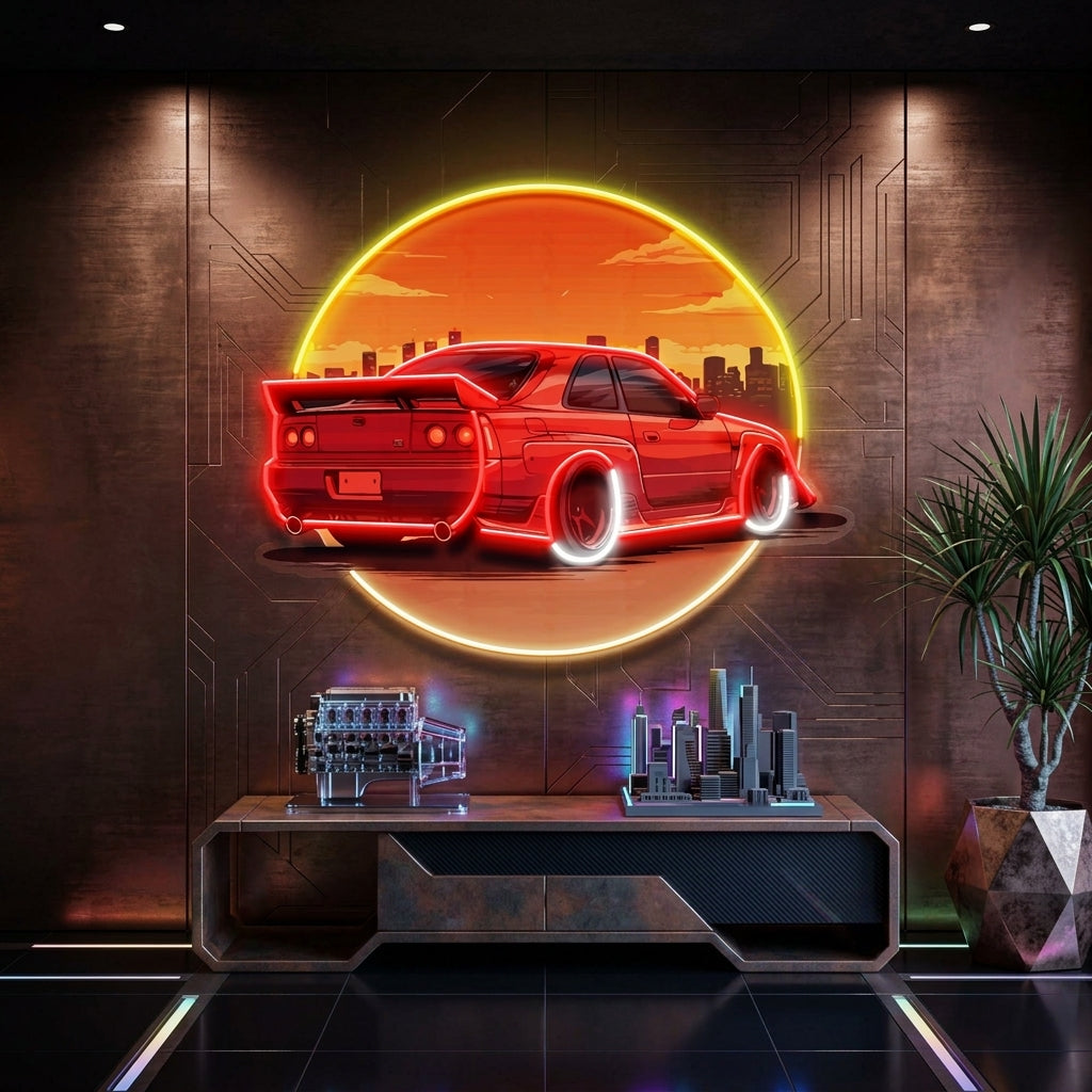Car With Sunset LED Neon Sign Light Pop Art