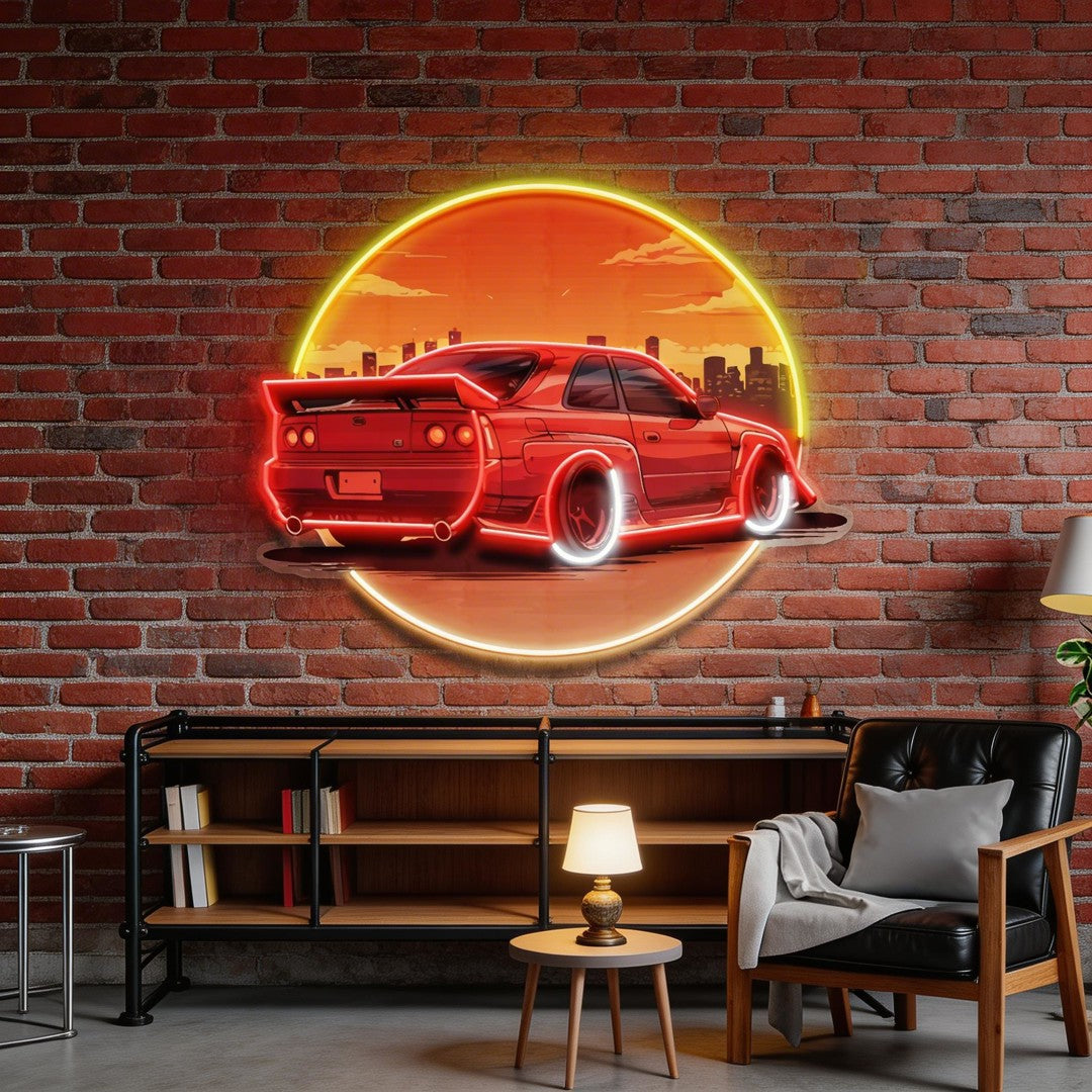 Car With Sunset LED Neon Sign Light Pop Art