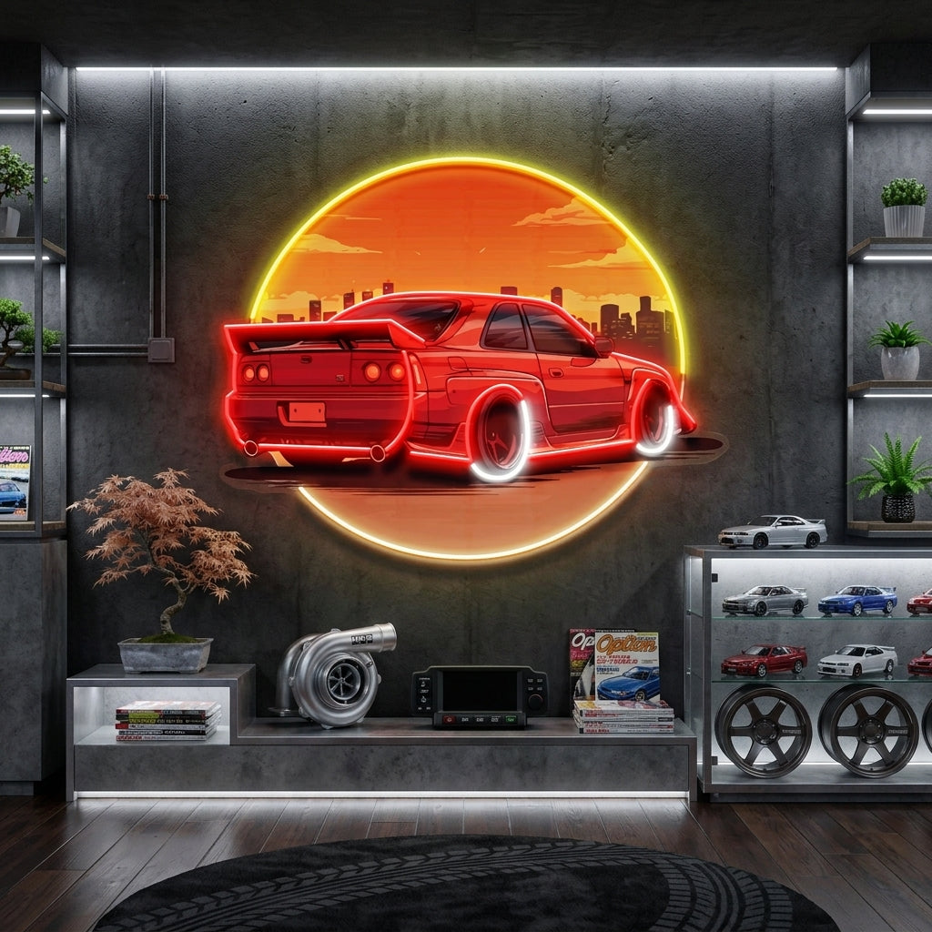 Car With Sunset LED Neon Sign Light Pop Art