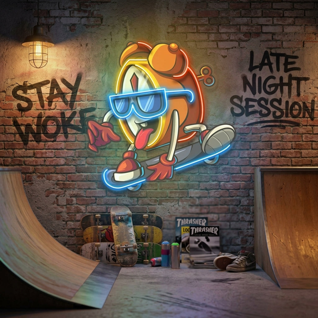 Alarm Clock Skateboarding LED Neon Sign Light Pop Art