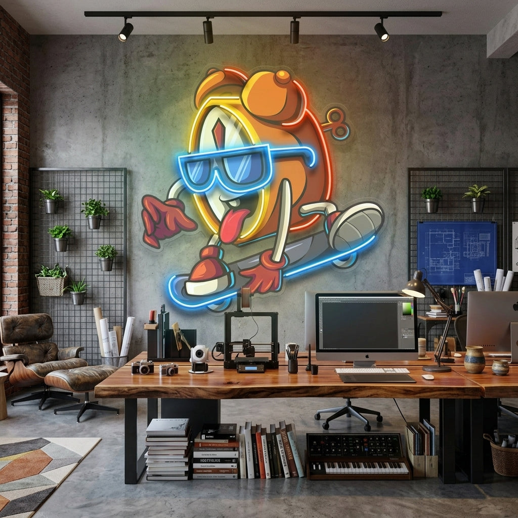 Alarm Clock Skateboarding LED Neon Sign Light Pop Art