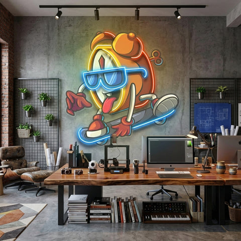 Alarm Clock Skateboarding LED Neon Sign Light Pop Art