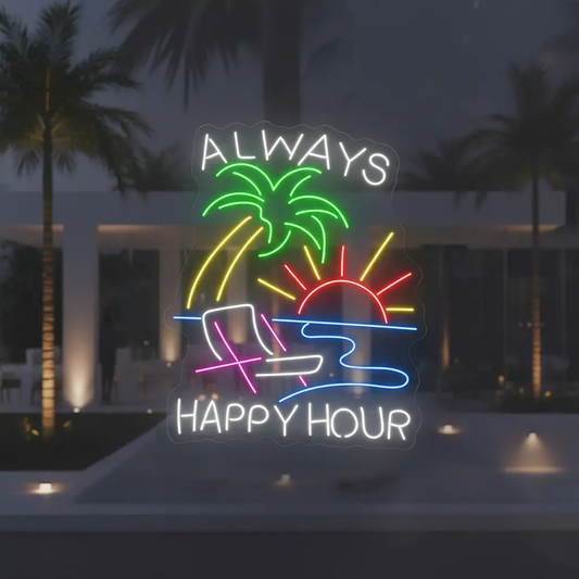 Always Happy Hour Neon Sign Beach Sun Palm Tree Led Sign