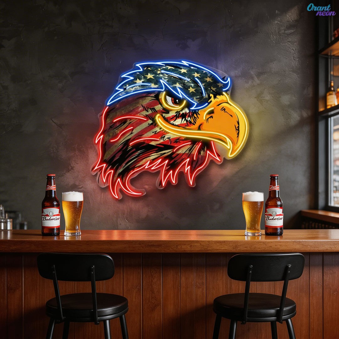 Majestic Glow: Eagle’s Flight with Flag Neon Sign