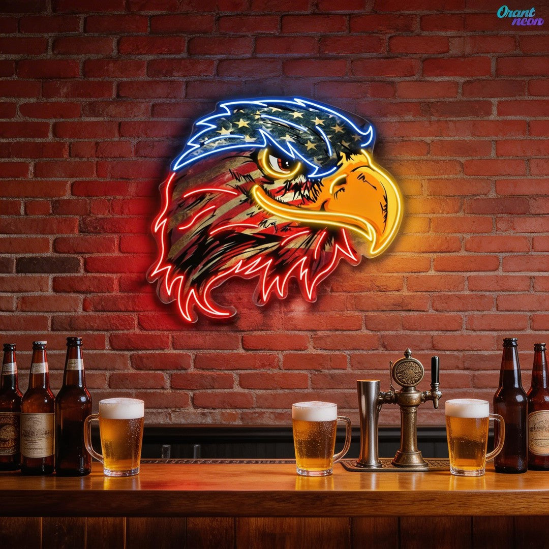 Majestic Glow: Eagle’s Flight with Flag Neon Sign