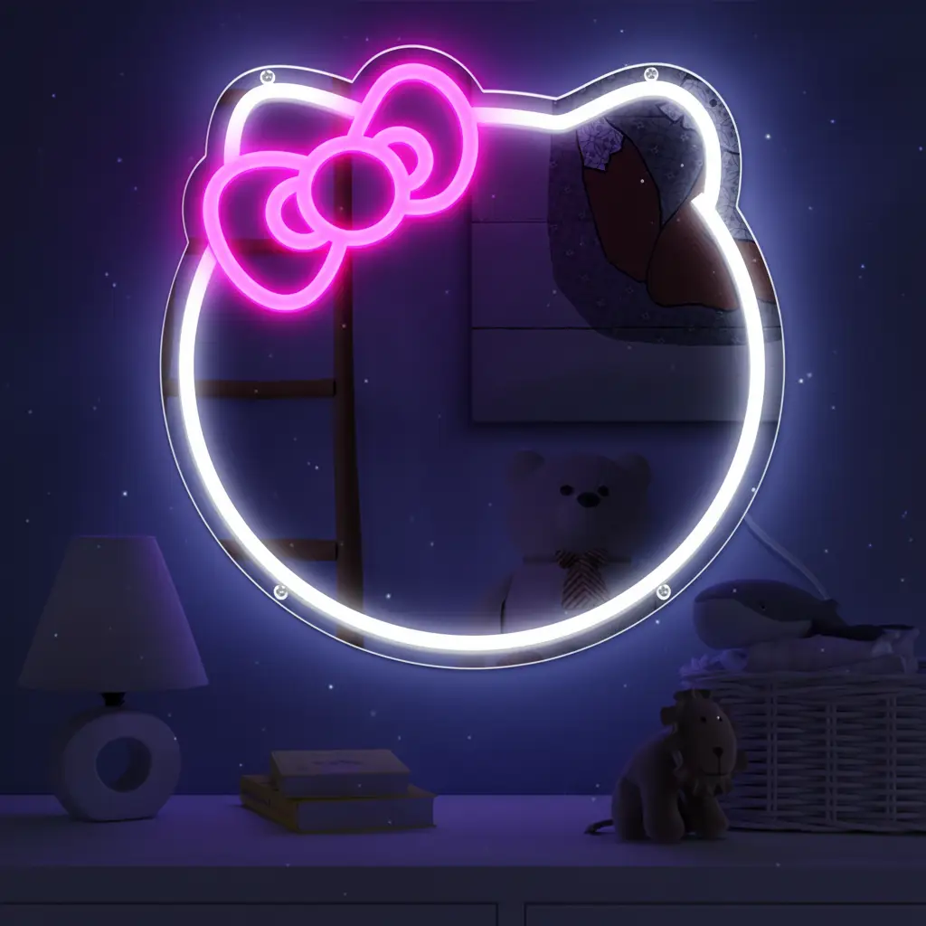 Anime Cat Mirror Neon Sign for Wall Decor Girls Dresser Decor