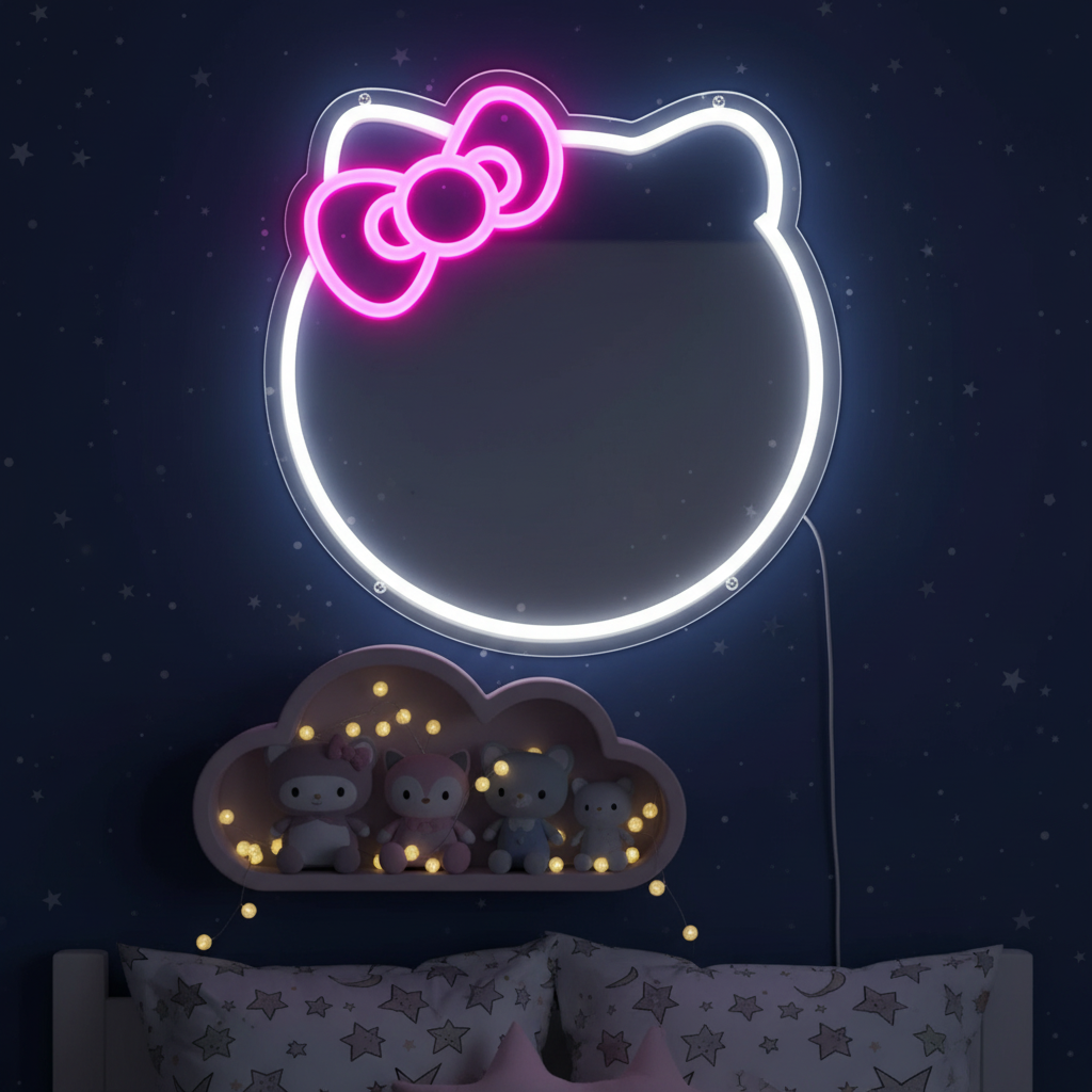 Anime Cat Mirror Neon Sign for Wall Decor Girls Dresser Decor