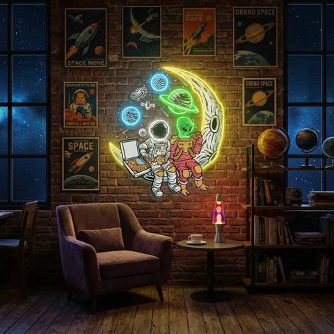 Astronaut And Alien Chill Together Pop Art Led Neon Sign Light