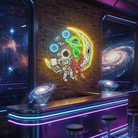 Astronaut And Alien Chill Together Pop Art Led Neon Sign Light