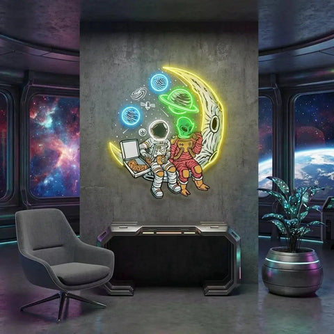 Astronaut And Alien Chill Together Pop Art Led Neon Sign Light