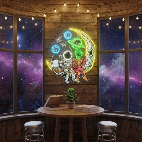 Astronaut And Alien Chill Together Pop Art Led Neon Sign Light